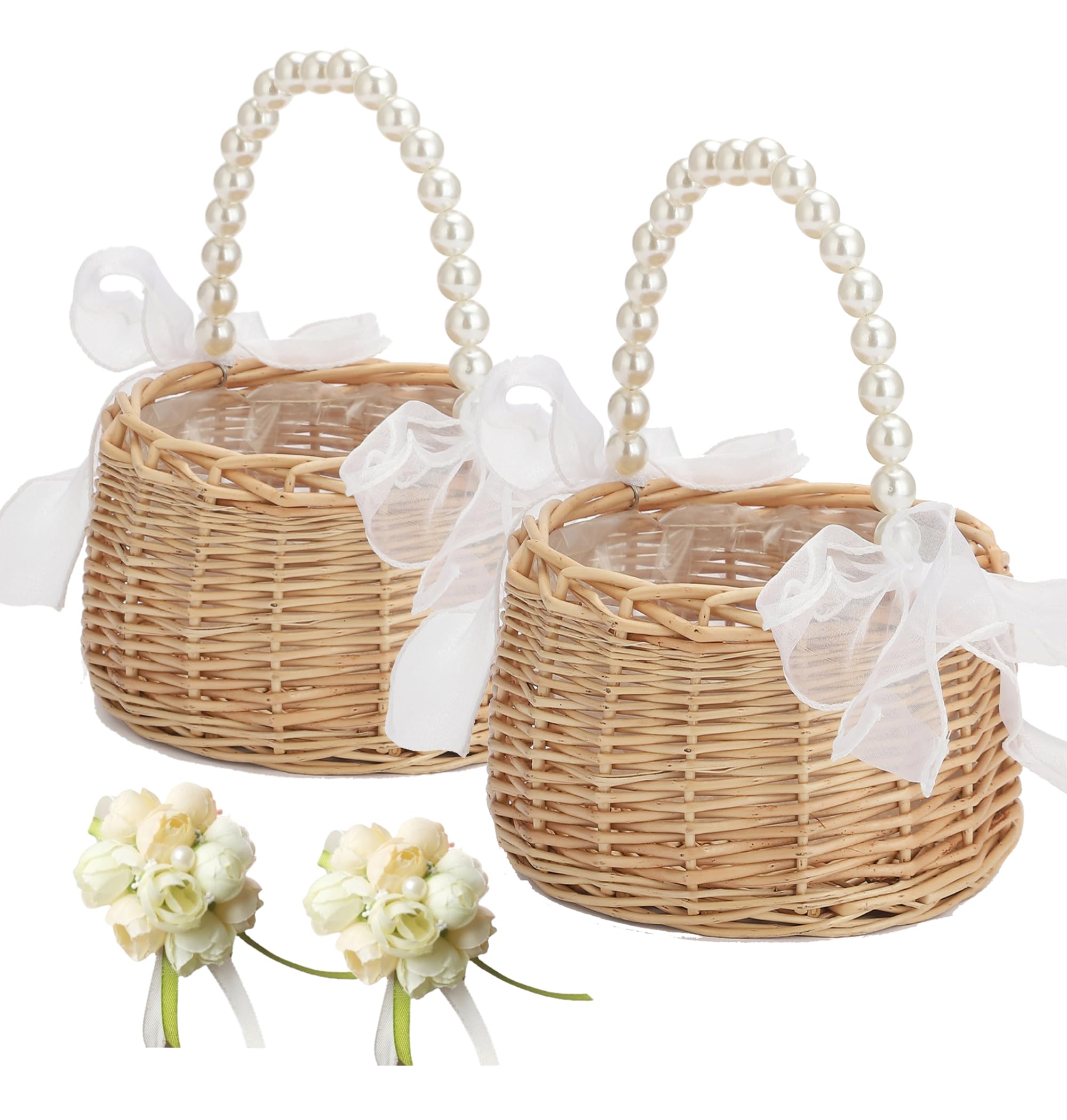 Photo 1 of 2PCS Wicker Rattan Flower Girl Basket with 2PCS Wedding Wrist Corsage, Handwoven Wicker Basket with Pearl Handle Bow Fairy Flower Basket Rattan Basket for Weddings Bridal Anniversary Party Decor (N-2)