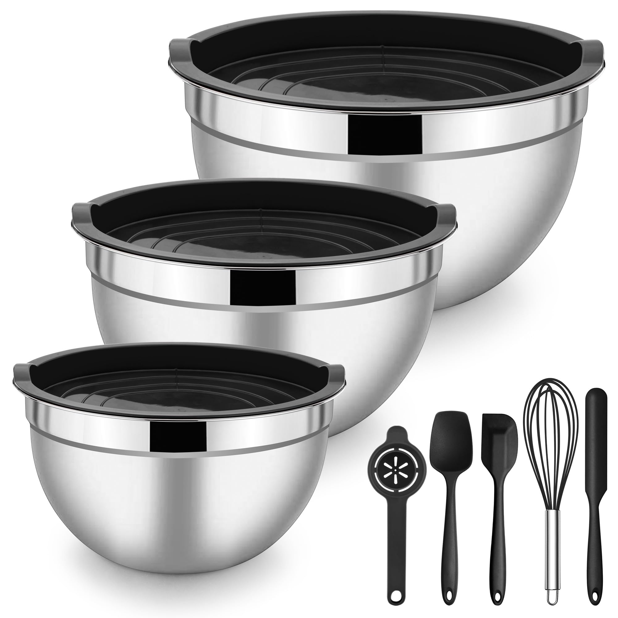 Herogo Mixing Bowls with Airtight Lids, 3-Piece Stainless Steel Nesting Set & 5-Piece Silicone Accessories, Metal Salad Bowls for Baking Preparing Serving, Space-Saving Storage, 1.2/2.6/4.5 QT