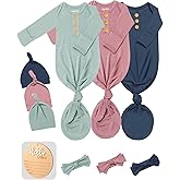 3 PK Baby Knotted Gowns Set with Mittens, Hats, Headbands & Wooden Name Tag for Breathable Newborns Going Home Outfit