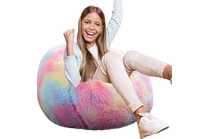 KISOY Fluffy Bean Bag Chair for Kids, 2.5FT Round Memory Foam Filled Bean Bag for Teens & Kids, Ultra Soft Faux Fur Fabric Bean Bag Chairs for Playroom, Living Room, Bedroom, Rainbow