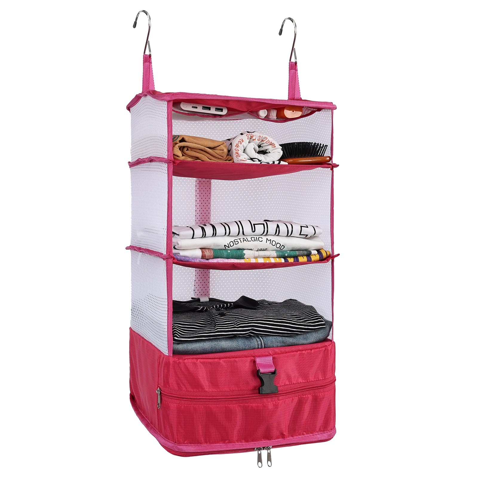 Surblue Hanging 3-Shelf Closet Organizer Foldable Travel Storage Bag for Clothes Washable Oxford Fabric with 2 Hooks Rose L
