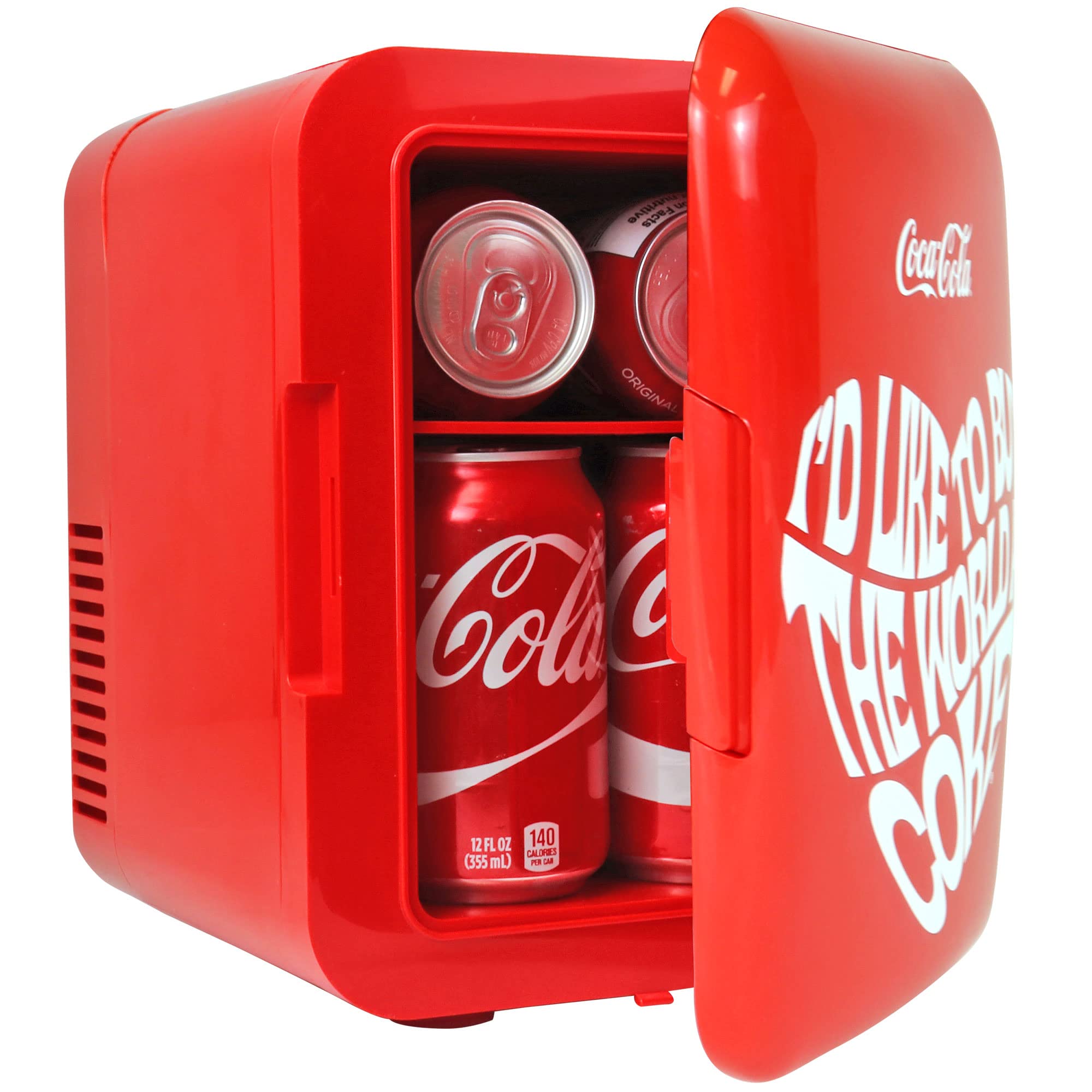 Coca Cola World 1971 Series Portable 6 Can Thermoelectric Mini Fridge Cooler/Warmer, 4 L/4.2 Quarts Capacity, 12V DC/240V AC for Home, Dorm, car, Boat, Beverages, Snacks, Skincare, Cosmetics