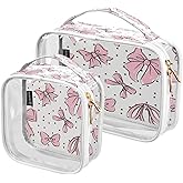 Kigai Pink Bow Makeup Bags for Women and Girls Waterproof Portable Cosmetic Bag Clear Toiletry Bag with Zipper & Handle Travel Accessories Organizer, 2 Pack