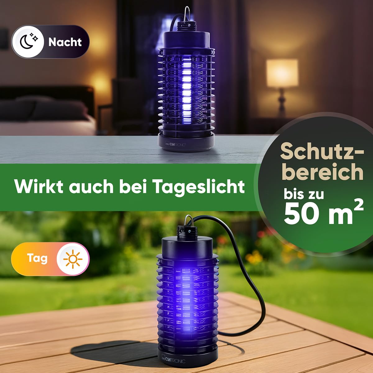 Clatronic® Insektenvernichter elektrisch | Mückenfalle Tag & Nacht | für bis zu 50qm | Mückenlampe ohne Chemie oder Duftstoffe | Fliegenfalle elektrisch inkl. Reinigungsbürste | Lichtfalle ISL 3823 3