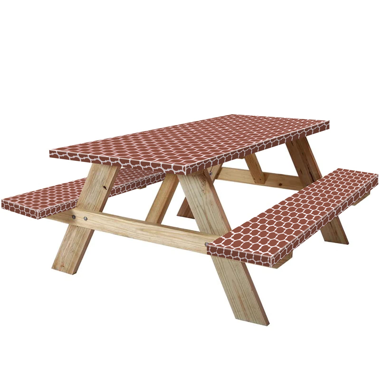 Photo 1 of ***MISSING BENCH COVER(S)*** KENOBEE 8ft Picnic Table and Bench Cover, Camping Essentials RV Gear, 96 in Waterproof Windproof Outdoor Elastic All Around Tablecloth, Fitted Rectangle Tables and Seats, Coffee-White Moroccan