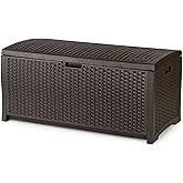 Suncast Outdoor Storage Box - 73 Gallon Mocha Brown Deck Box for Patio, Waterproof Outdoor Storage Bench, Resin Wicker Style, Heavy-Duty, Lockable Lid for Cushions, Shoes, Pool & Garden Gear