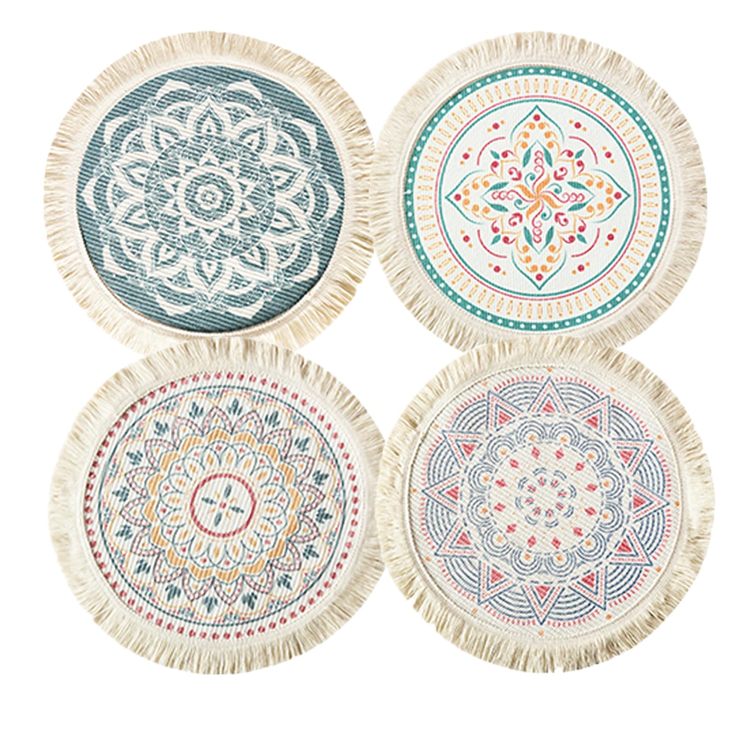 4 PCS Boho Round Cotton Placemats for Hot Dishes & Drinks, 14 inch Cotton Woven Placemats Washable, Mandala Pattern Tassel Heat Resistant Table Mats for Dining Table Home Decor Tabletop Protection