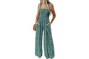 Dokotoo Women's Casual Overalls Jumpsuits One Piece Sleeveless Printed Smocked Wide Leg Long Pant Rompers With Pockets
