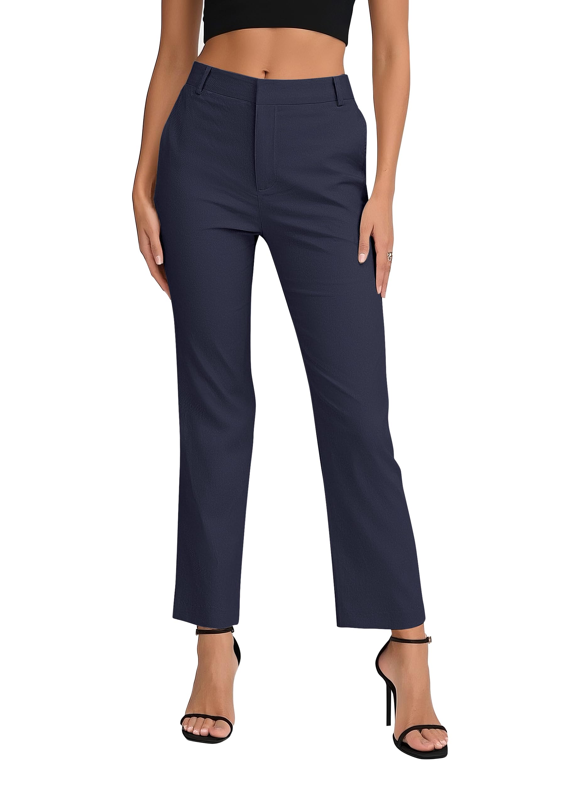Photo 1 of EXCHIC Women's Business Straight Leg Dress Pants Elastic Waist Zipper Closure Work Trousers with Pockets(Navy Blue, Large)
