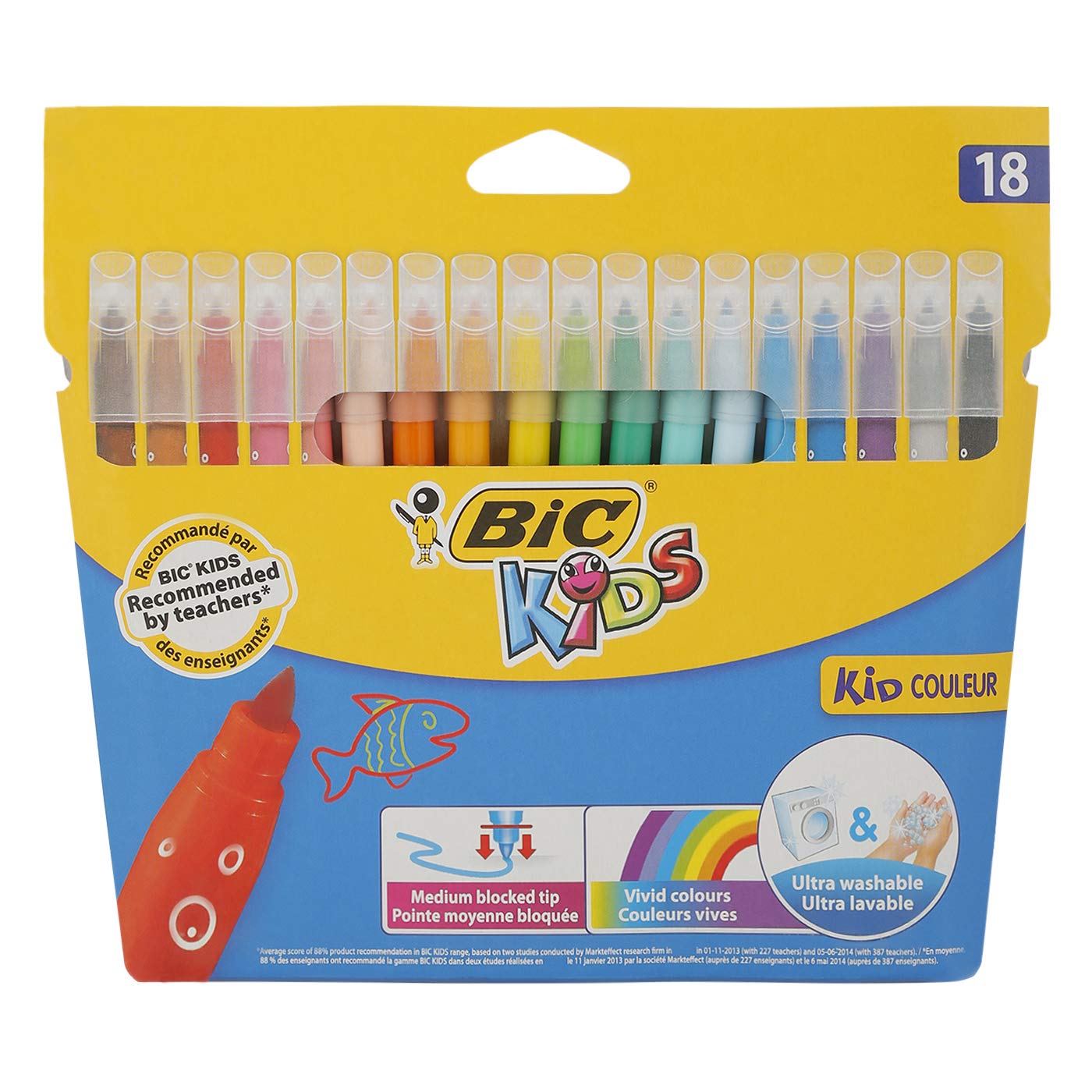 BIC Kids Kid Couleur Felt Tip Colouring Pens - Assorted Colours, Water-Based, Cardboard Wallet of 18