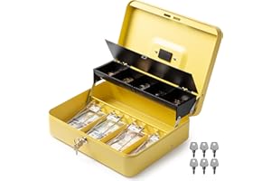 Volcora Large Cash Box with Key Lock, Metal Money Box for Cash, Portable Locking Safe Box with Money Tray, Durable Money Saving Organizer for Yard Sale, Garage Sale, Small Business, Yellow