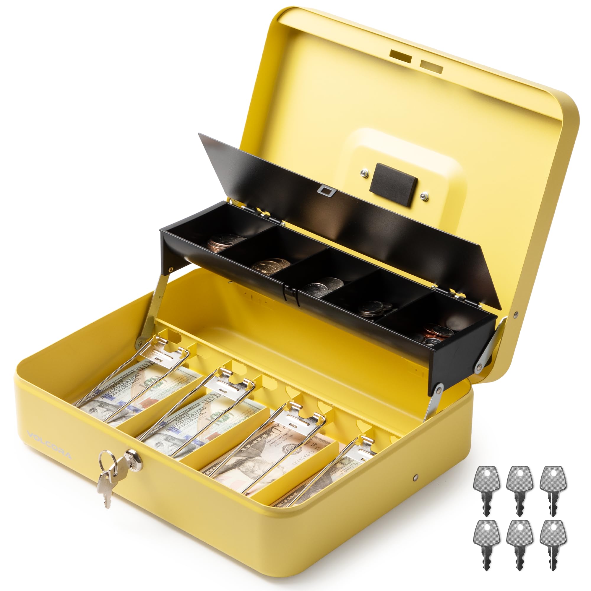Volcora Large Cash Box with Key Lock, Metal Money Box for Cash, Portable Locking Safe Box with Money Tray, Durable Money Saving Organizer for Yard Sale, Garage Sale, Small Business, Yellow Image Volcora Large Cash Box with Key Lock, Metal Money Box for Cash, Portable Locking Safe Box with Money Tray, Durable Money Saving Organizer for Yard Sale, Garage Sale, Small Business, Yellow Image