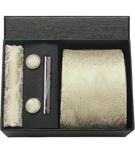 Accessoires Costume Ensemble Cravate HISDERN - Cravate Carreaux Dorée Mouchoir Boutons Manchette Pince - Coffret Cadeau Homme Cadeau Homme Mariage