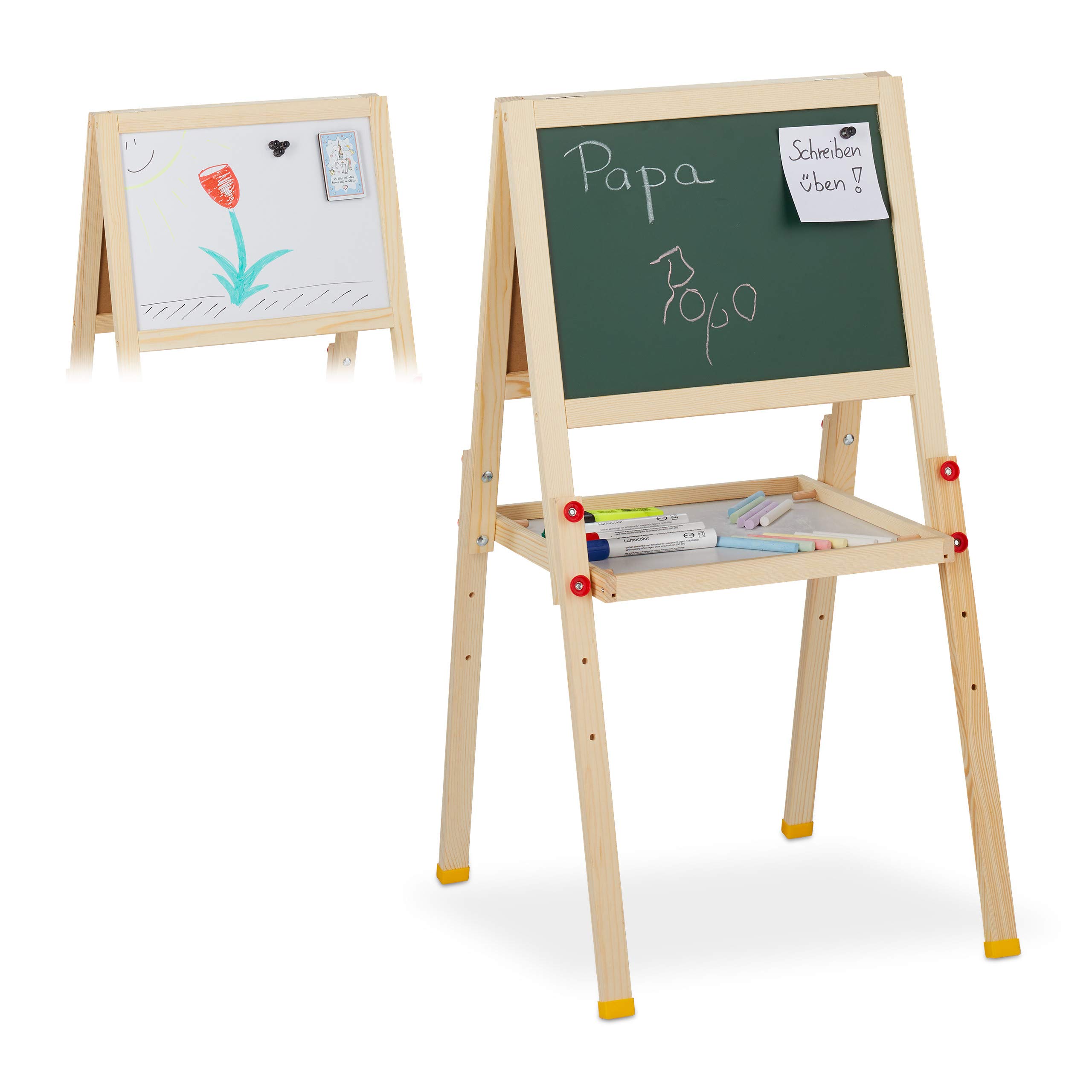 Relaxdays Kids’ Easel, Two-Sided, Magnetic, Height-Adjustable, HWD 77x39x44.5 cm, Whiteboard & Chalkboard, Natural