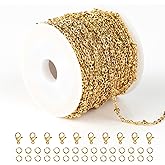 Kyutong 10M Gold Stainless Steel Jewelry Chain in Bulk Beaded Cable Link Chain Roll with Jump Rings and Lobster Clasps for DIY Jewelry Making Supplies