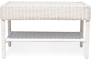 Krikacy Park Meadow Outdoor Wicker Coffee Table 34 Inch HDPE Rattan Patio Furniture with Double Shelves & Grey HIPS Top, Off White