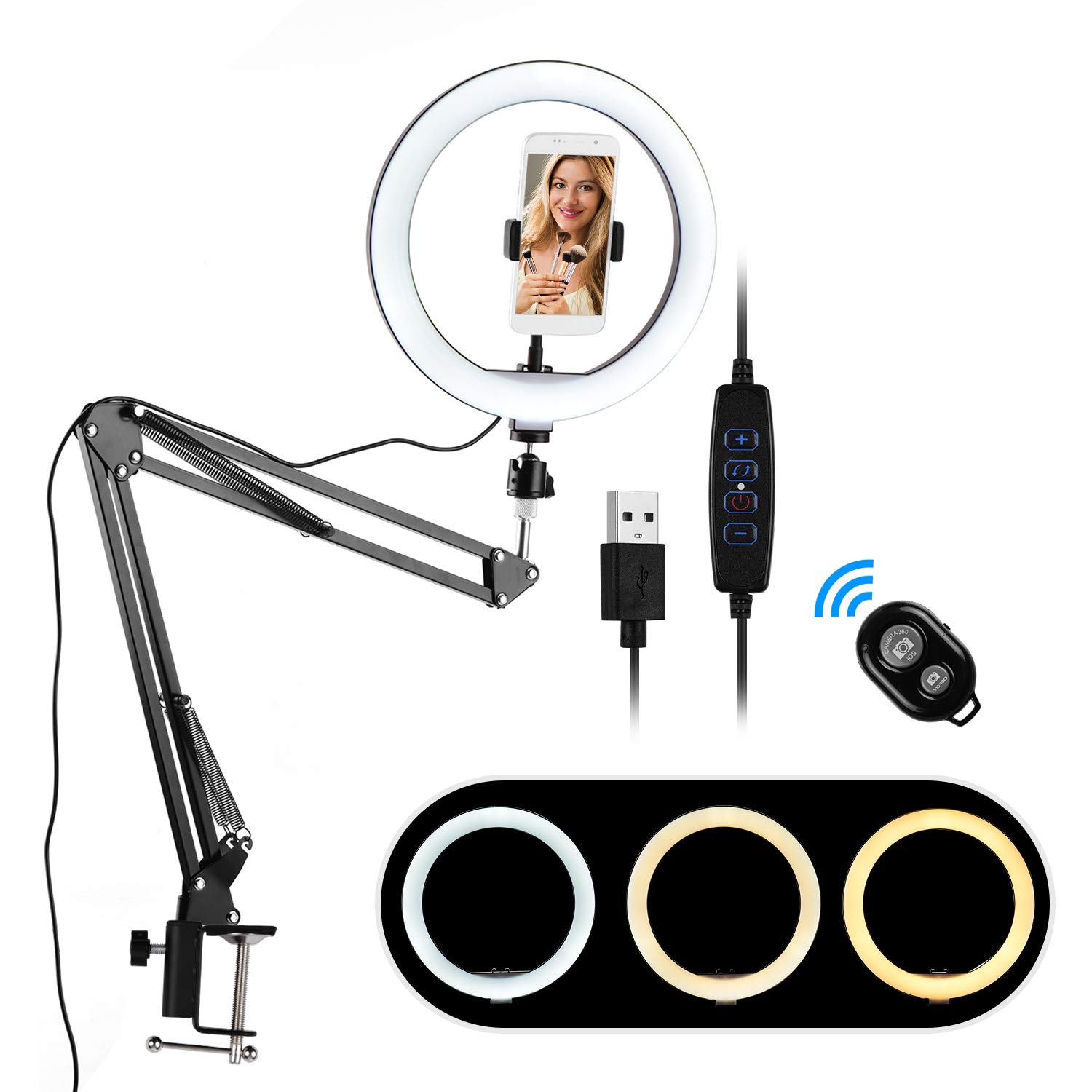 Ring Light Table Mount, Docooler 10inch Dimmable Streaming Selfie Ring Light With Boom Stand and Phone Holder Remote for TikTok Youtube Vlogging Video Photo Makeup Streaming Equipment
