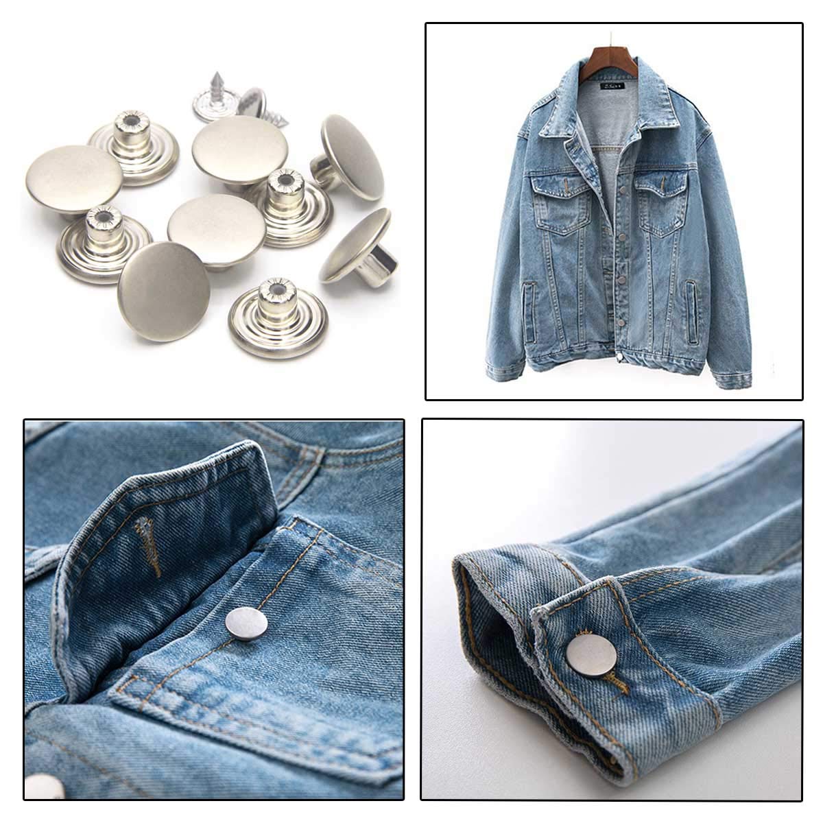 12 Sets Jean Tack Buttons Metal Replacement Kit, Matte Silver (Silver)