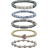 Sibba Beaded Stretch Bracelets for Women Stackable Polymer Clay Beads Bracelet Set Elastic Bohemian Friendship Bracelets with Gray Beads for Layered Stacking Christmas Jewelry Gifts (5-Piece Set)