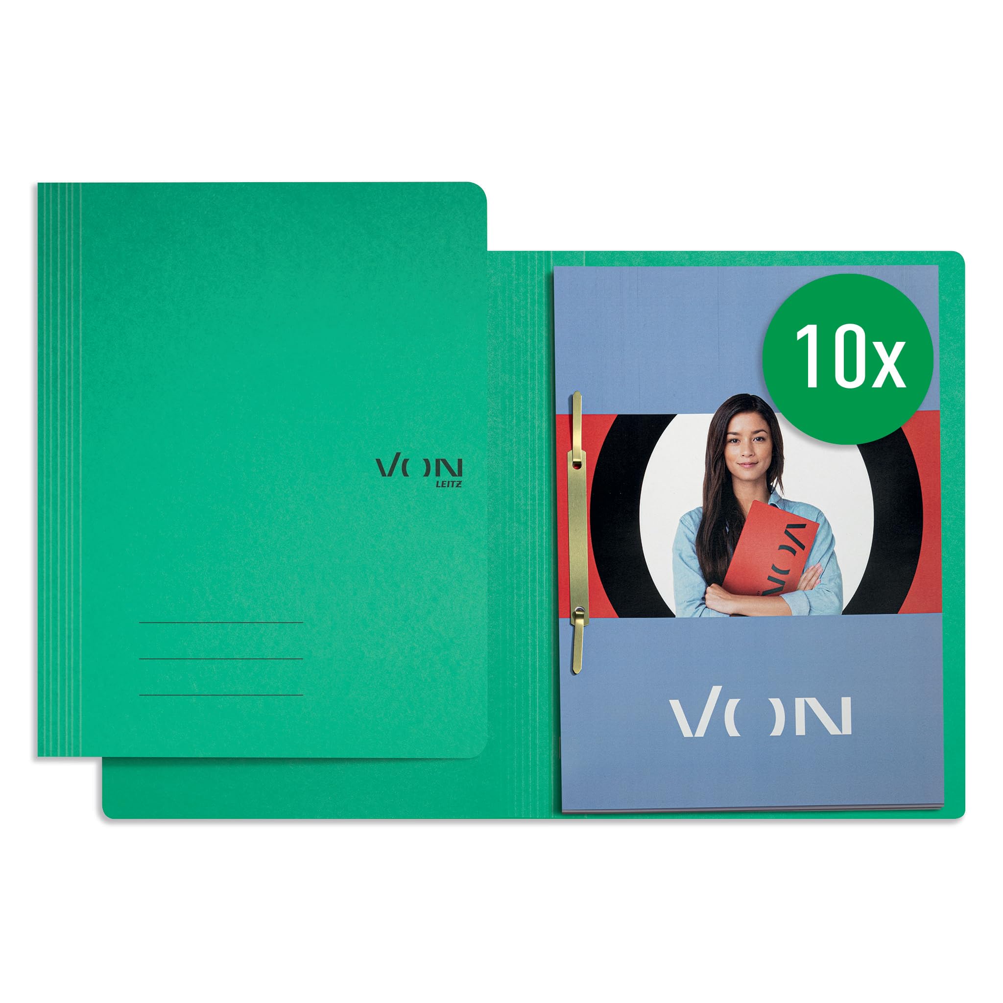 VON Leitz 30130055 Pack of 10 A4 File Folders, Cardboard, with Stapling Mechanism, for 250 Sheets, with Soft Cover, for School, Study and Home, Green