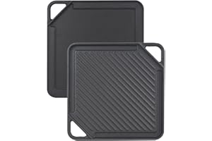 GasSaf Cast Iron Reversible Griddle, Double Sided Grill Pan Perfect for Stove Tops and Gas Grills, 10 Inch x 10 Inch