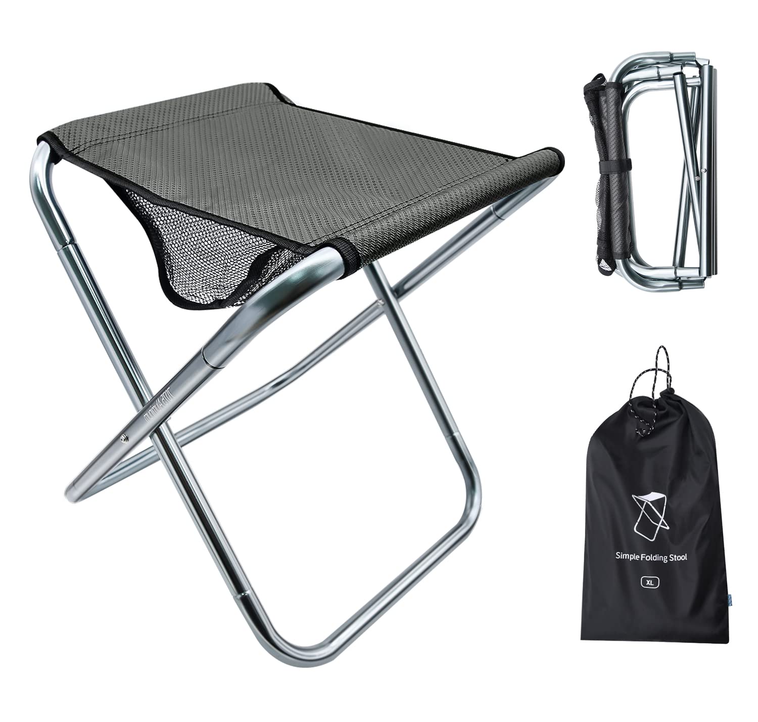 LFSEMINI Adult Camping Stool, 1 Pack 16in Height Large Size Folding Stool with Carry Bag, Aluminum Alloy Bracket, 1.5lbs Lightweight, Load Capacity to 330lbs(1 Pack, Grey)