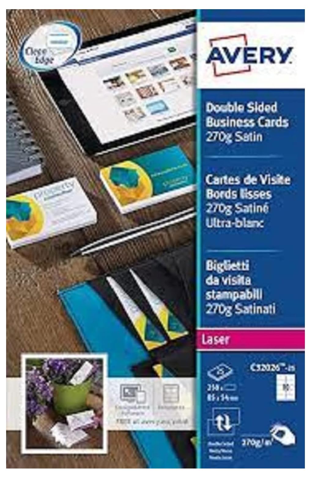 Avery C 32026-25-cartes Business Cards Double Sided Satin 32026-25 250Cards (C)