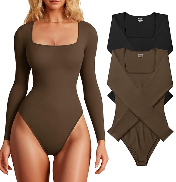 OQQ WOMEN’S 2 PIECE BODYSUITS SEXY RIBBED LONG SLEEVE SQUARE NECK ONE PIECE BODYSUITS BALCK COFFEE