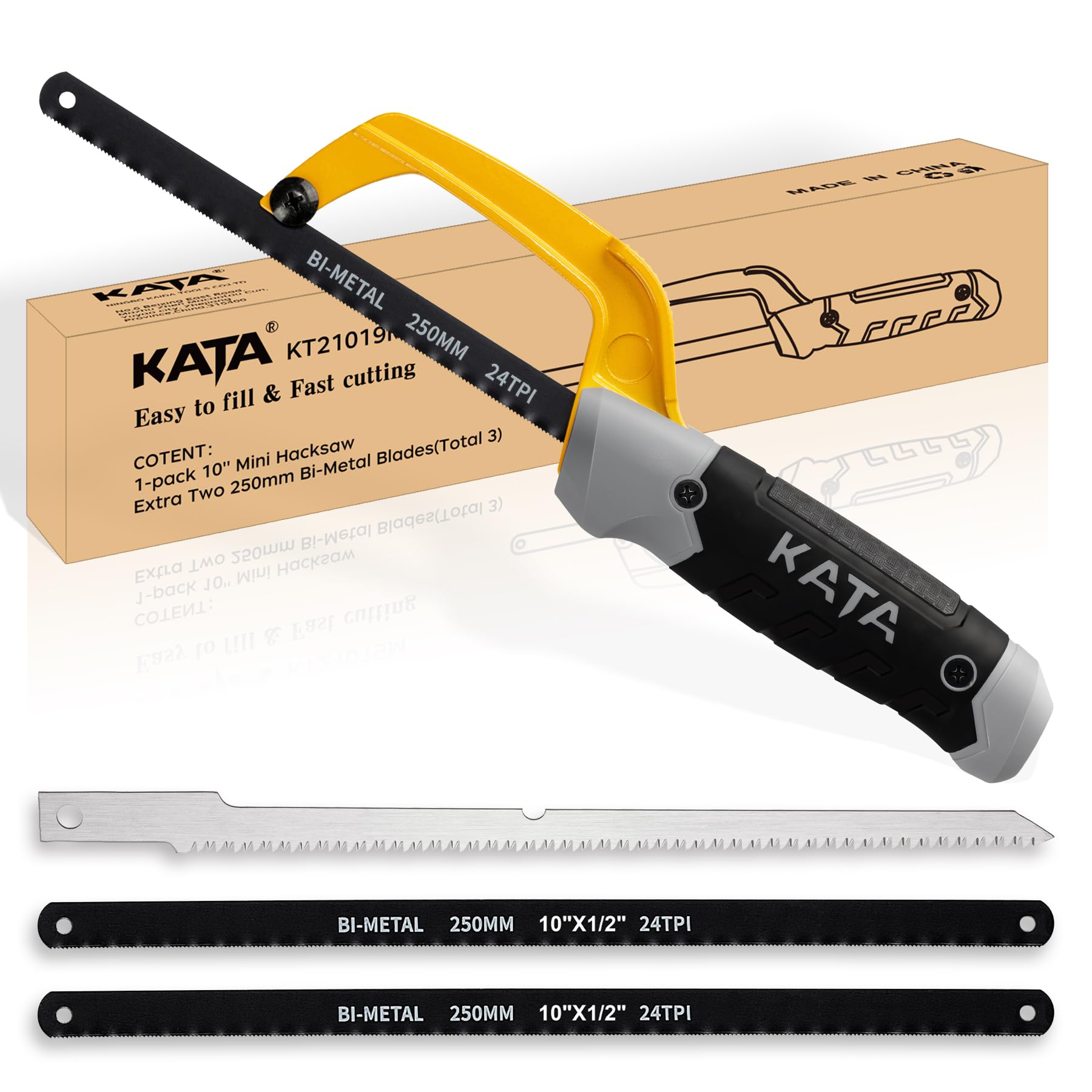 Photo 1 of KATA Hacksaw, Compact Hand Operating Hack Saw with 10 Inch Aluminum Frame, 2 Piece Extra Flexible Bi-Metal HSS Blades and 1 Piece Woodworking Saw Blade, Suitable for Wood and Metal (Mini Hacksaw)