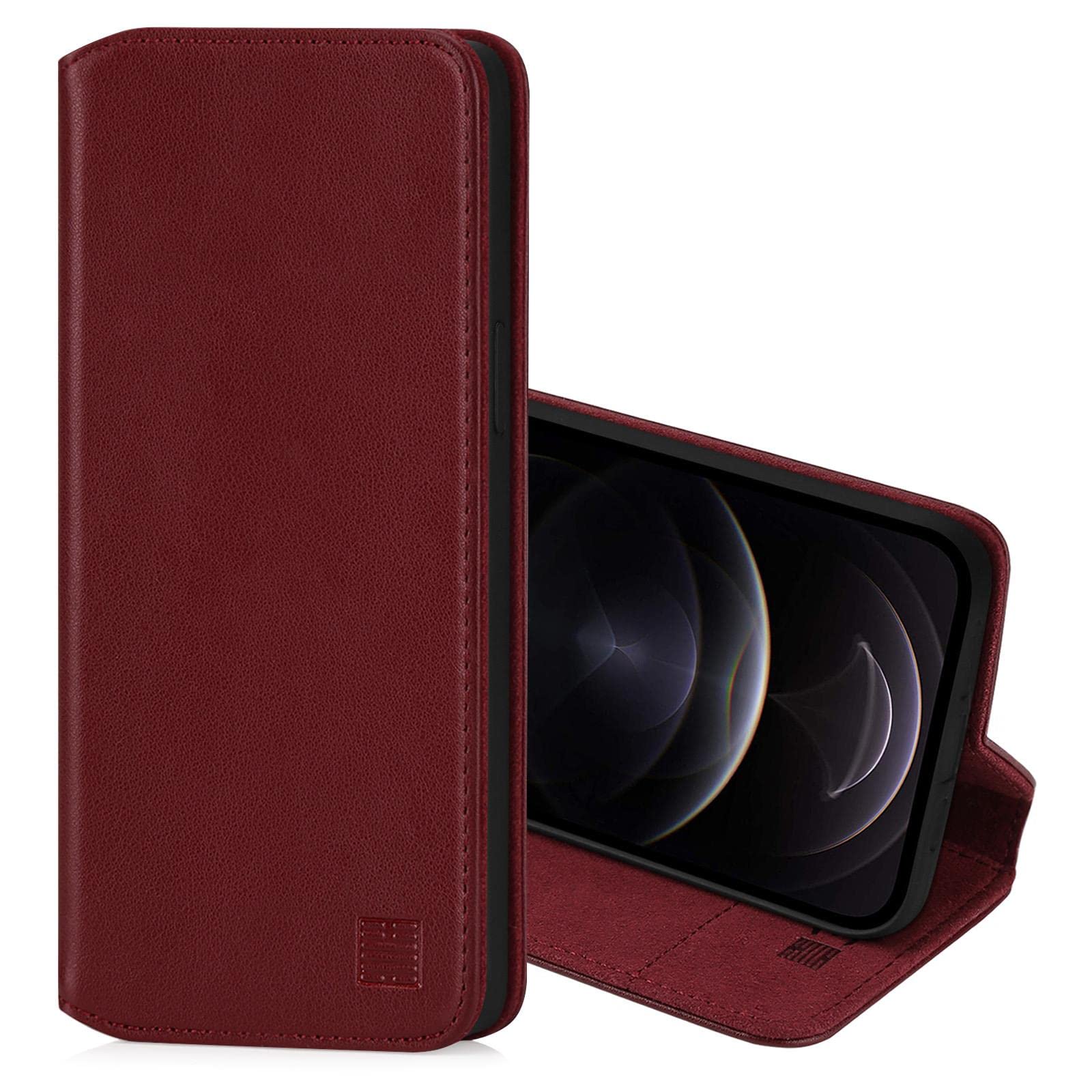 32nd Classic Series 2.0 - Real Leather Book Wallet Flip Case Cover For Apple iPhone 12 Pro Max (6.7"), Real Leather With Card Slot, Magnetic Closure and Built In Stand - Burgundy — image 1