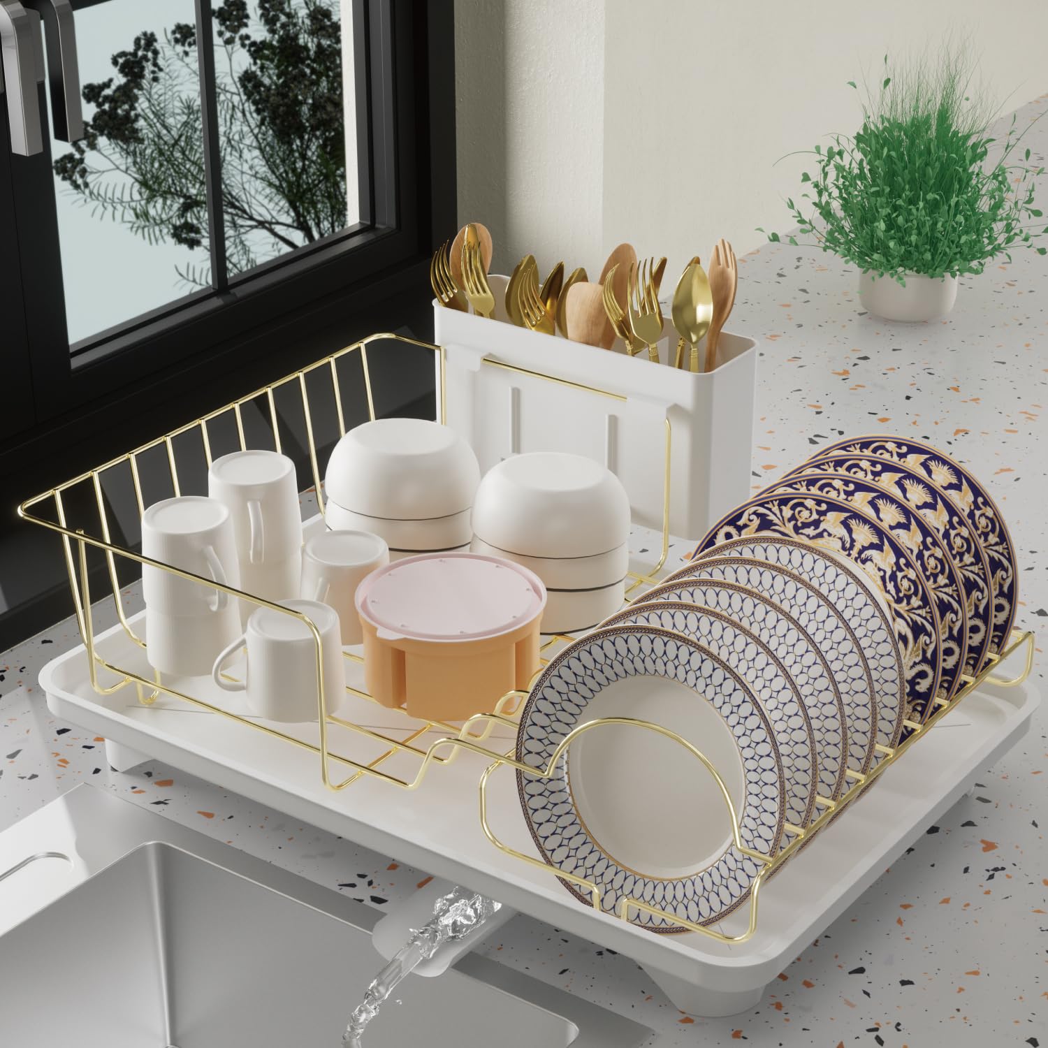 Photo 1 of Buruis Dish Drying Rack for Kitchen Countertop, Large Capacity Gold Stainless Steel Dish Drainer with Anti-Slip Rubber Feet, Removable Drain Board and Utensil Holder (White Tray)