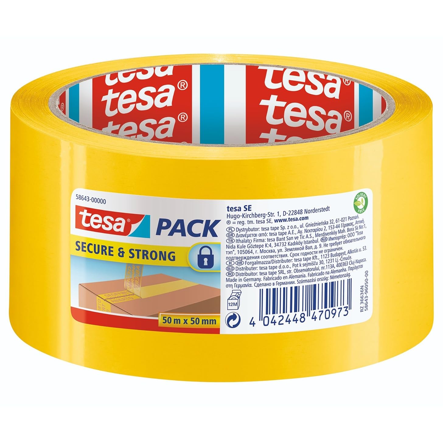 tesapack Secure and Strong – yellow packaging tape with sealing effect for a safe transport route
