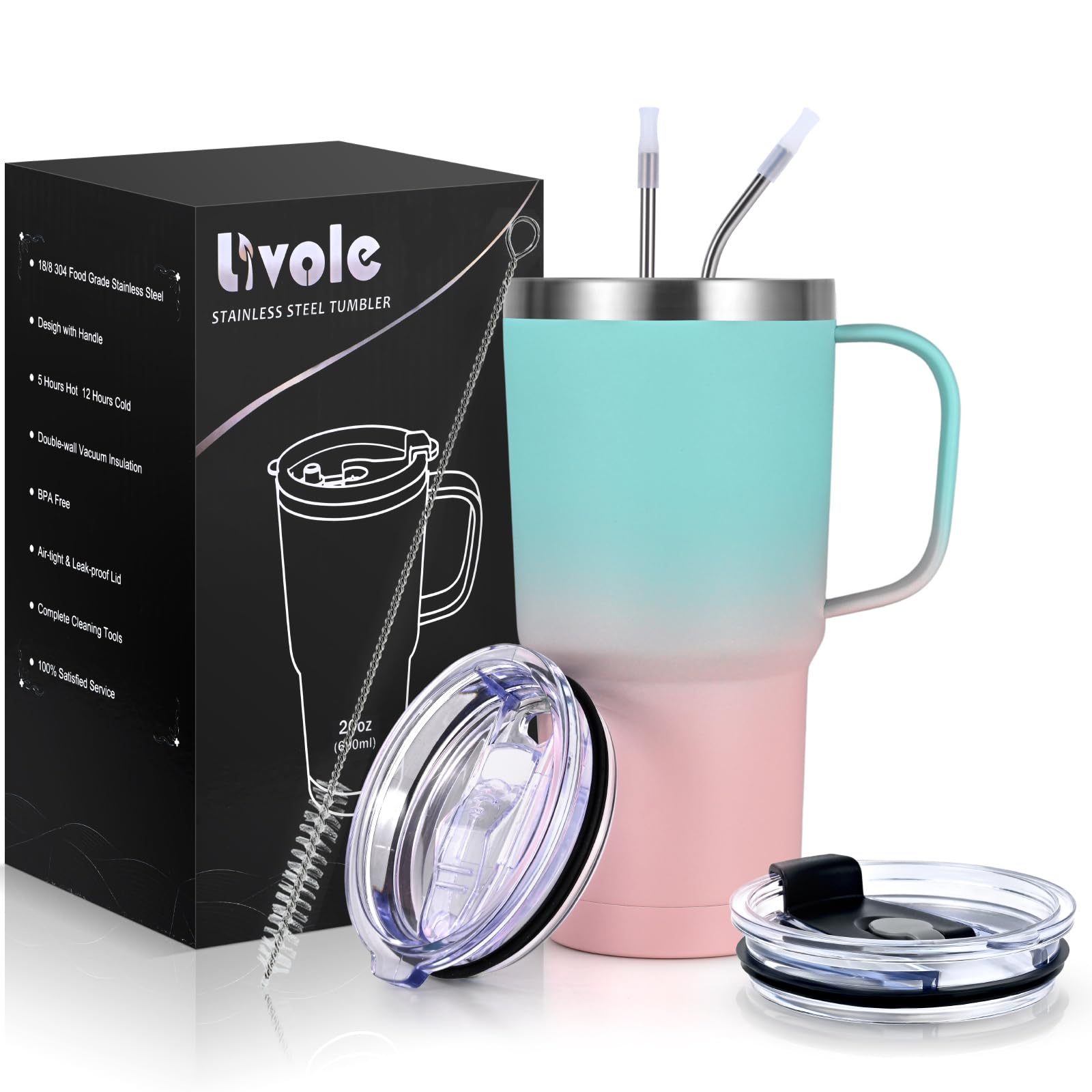 Livole 20oz Travel Mug with Handle, 600ml Insulated Tumbler with Straw and 2 Lids, Double Walled Vacuum Water Cup Bottle, Stainless Steel Thermal Travel Coffee Mugs for Cold Drinks, Blue and Pink