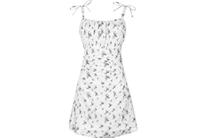EXARUS Girls Floral/Swiss Dot Dress Teen Spaghetti Strap Mini Ruched Cami Boho A-Line Dresses Spring Easter Casual 8-14