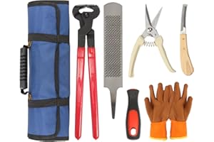 Beufee 7Pcs Professional Farrier Tools Kit, Horses Hoof Trimmers Shears Tools with Roll Bag, Hoof Cutter, Farrier Rasp File and Rubber Handle, Hoof Nipper, Hoof Knife and Gloves for Goat Horse Pig