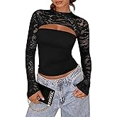 Women's Lace Long Sleeve Top Sexy Crew Neck Cutout Going Out Tops Y2K Double Lined Club Party Night Out Shirts