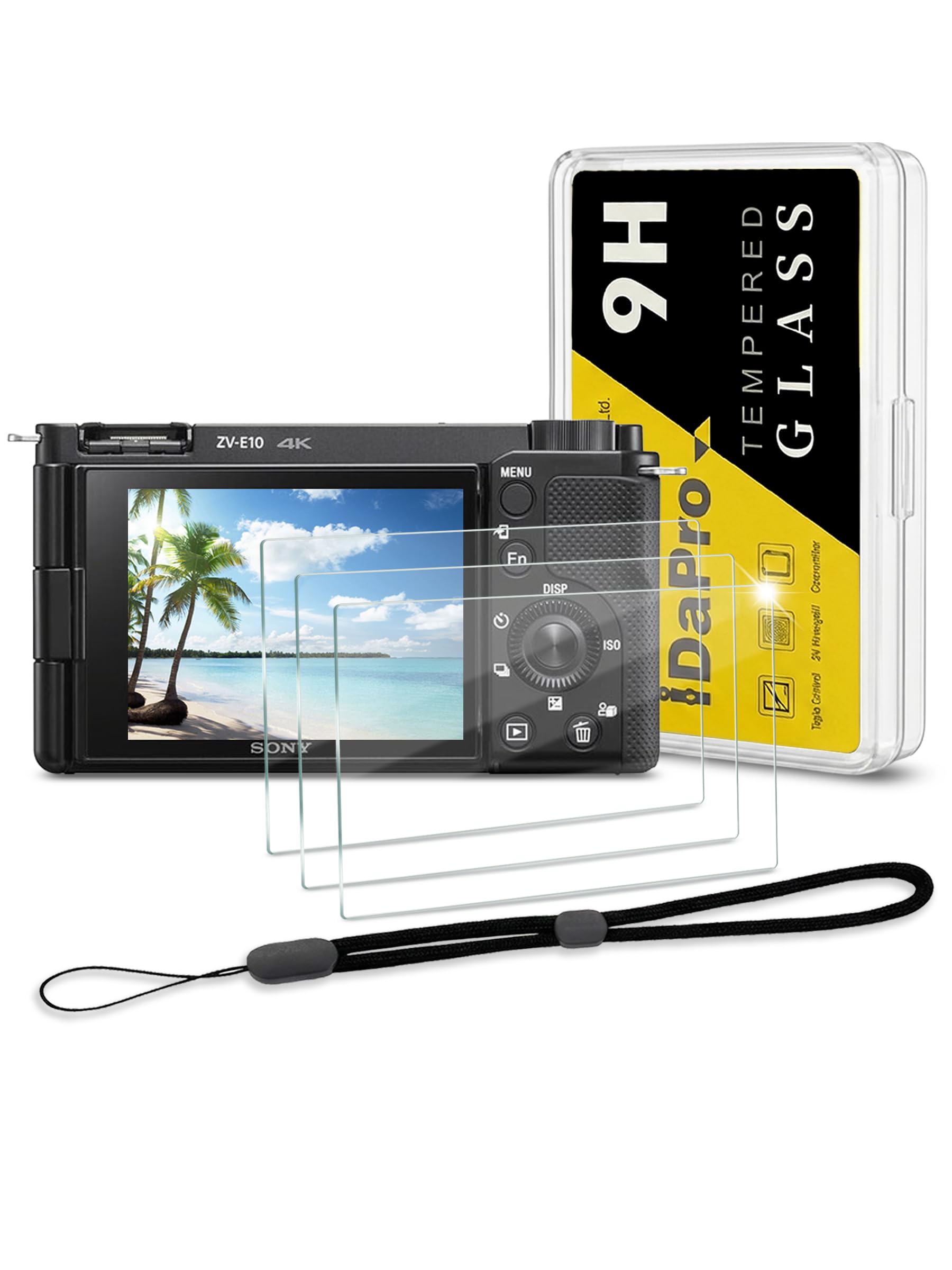 iDaPro Screen Protector for Sony Alpha ZV-E10 ZVE10 & Hand Lanyard [3+1 Pack] Tempered Glass Easy Installation