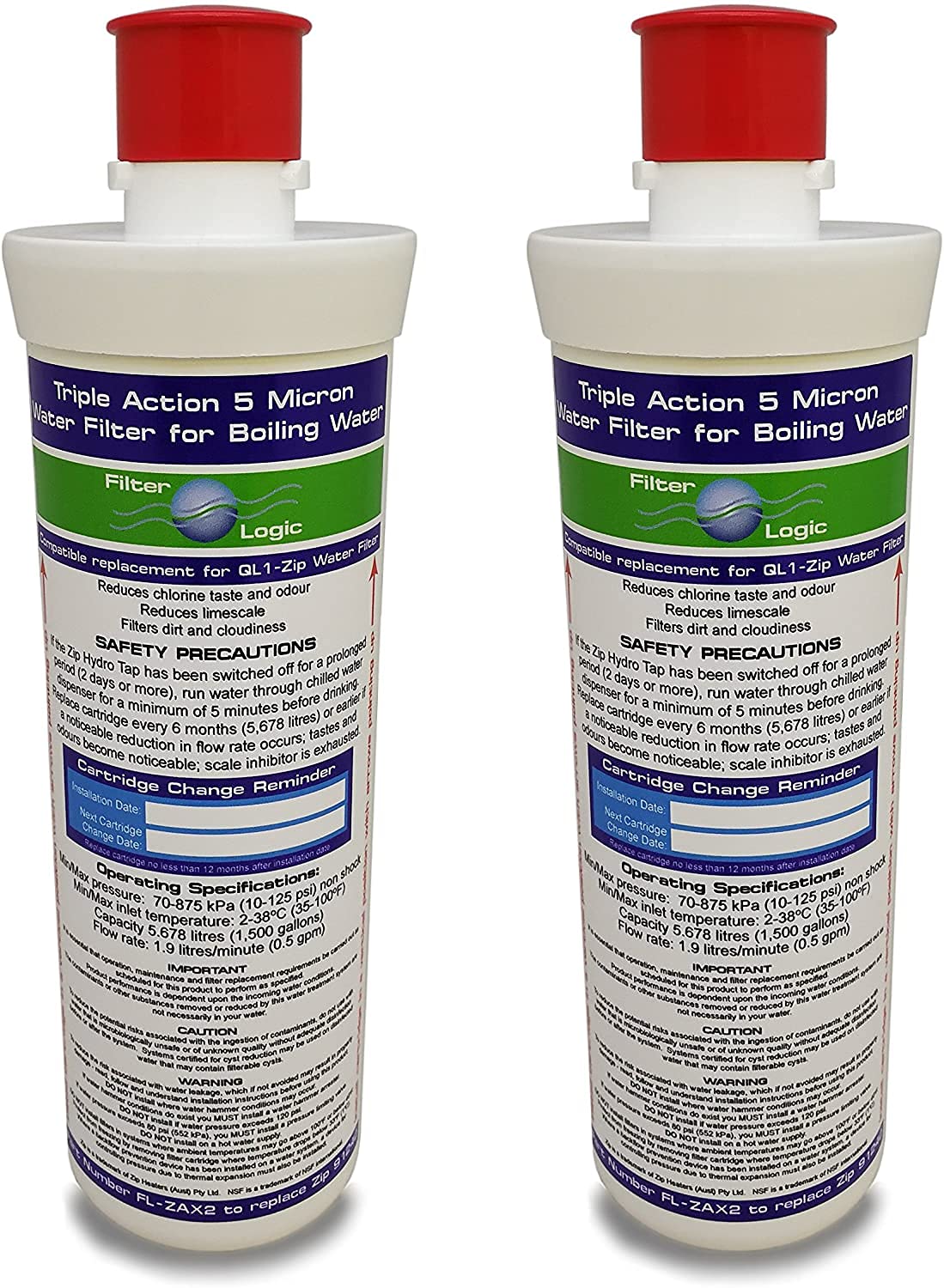 2 x Zip Hydro Boil Water Filter Cartridge 91240 Compatible FilterLogic (Hydro Tap ZT002) FL-ZAX2