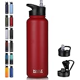 HASLE OUTFITTERS 40oz Stainless Steel Water Bottle, Vacuum Insulated Double Walled Leak Proof Sports Water Bottle with 2 Lids (Straw and Spout Lid) Thermo Mug Keep Cold and Hot(Red,1)