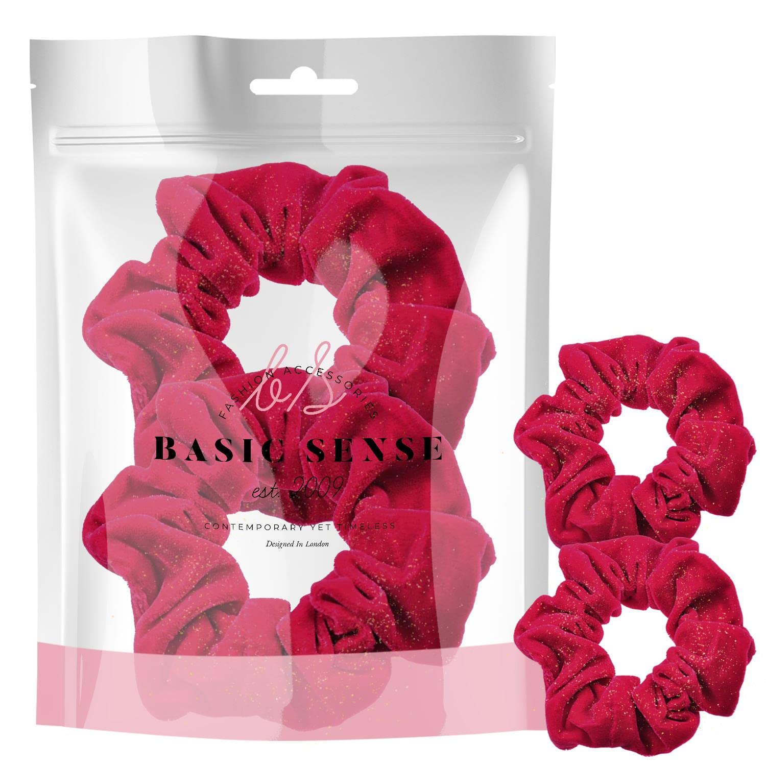 BasicSense 2PCS Large Velvet Glitter Scrunchies Shiny Hair Ties Bands for Hair updo ponytail Scrunchy, Rapsberry