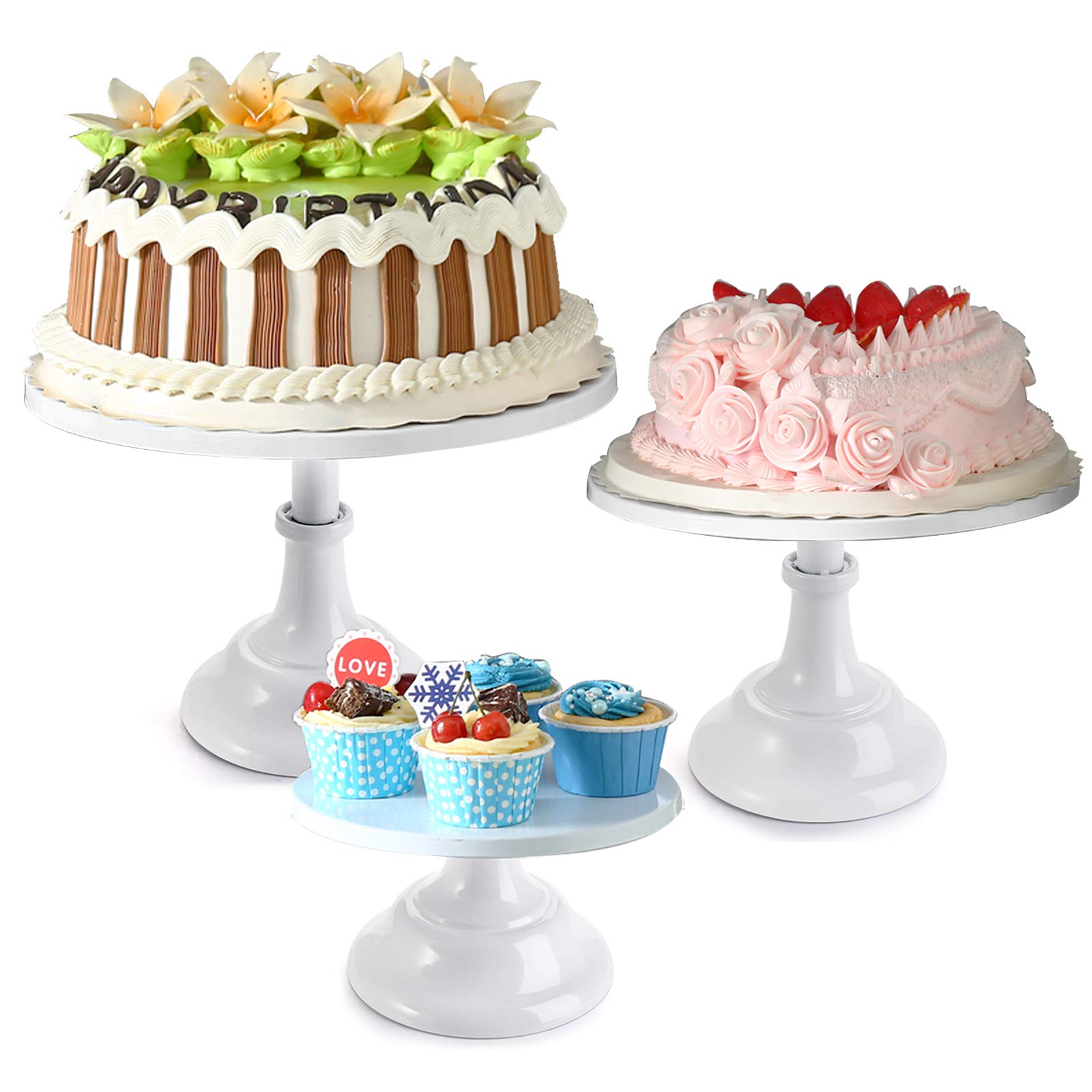 Photo 1 of yarlung 3 Pack Metal Cake Stands, 8/10/12 Inch Pillar Style Cupcake Display Stand Dessert Trays for Wedding, Party, Birthday, Gatherings, White
