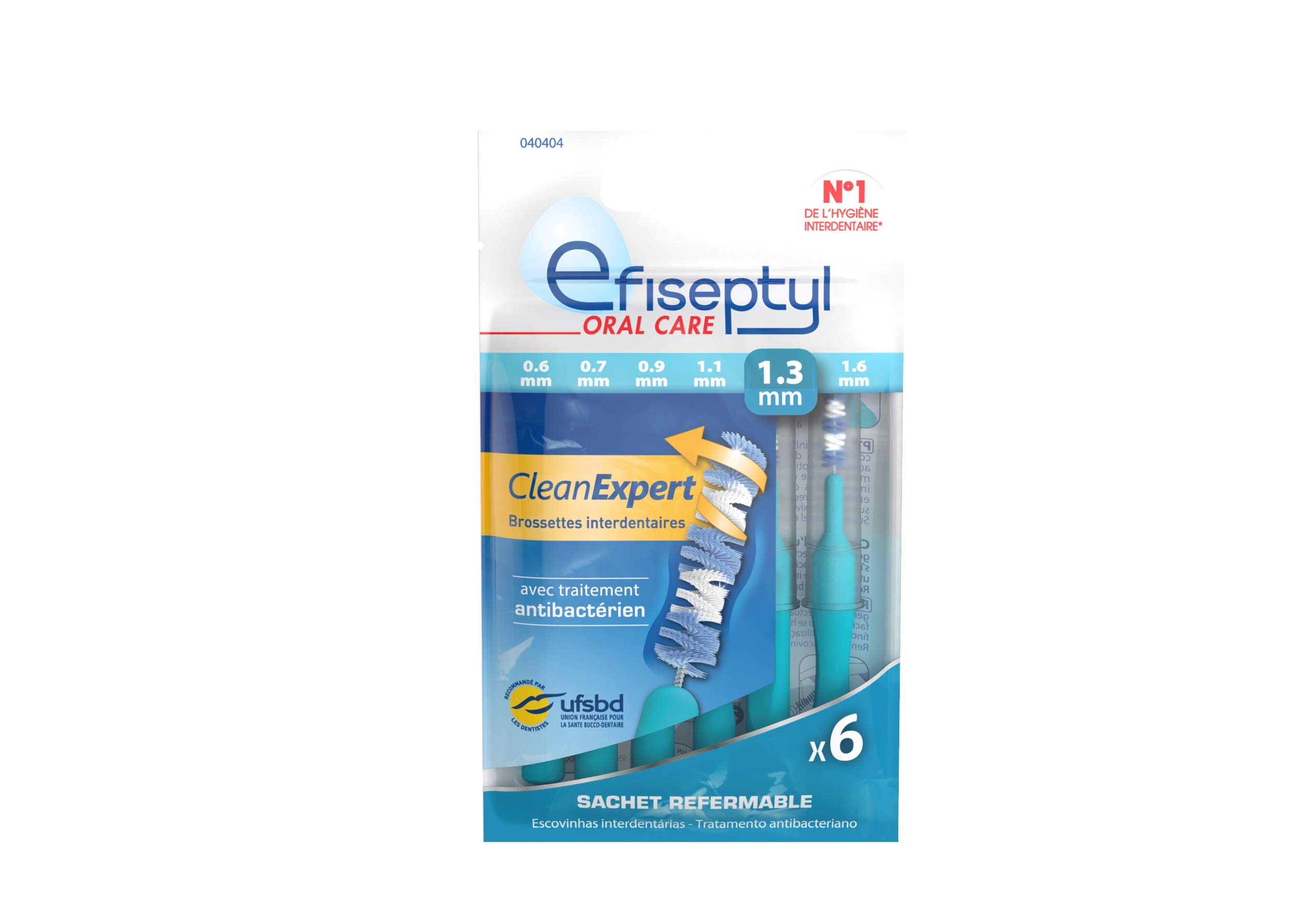 Efiseptyl - Clean Expert Interdental Brushes 1.3 mm - Resealable Sachet - with Antibacterial Treatment - Sachet of 6 Brushes