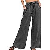 Ainangua Women Acid Wash Palazzo Sweatpants Casual High Waist Drawstring Wide Leg Pants Baggy Fleece Trousers with Pockets