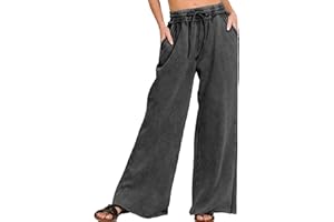 Ainangua Women Acid Wash Palazzo Sweatpants Casual High Waist Drawstring Wide Leg Pants Baggy Fleece Trousers with Pockets