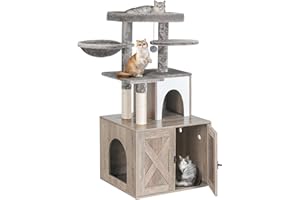 Snughome Cat Litter Box Enclosure with Tree Tower and Condo, Hidden Washroom Furniture with Sisal Scratching Post and Soft Plush Perch, Wooden Cat Furniture with Multiple Platforms, Grey
