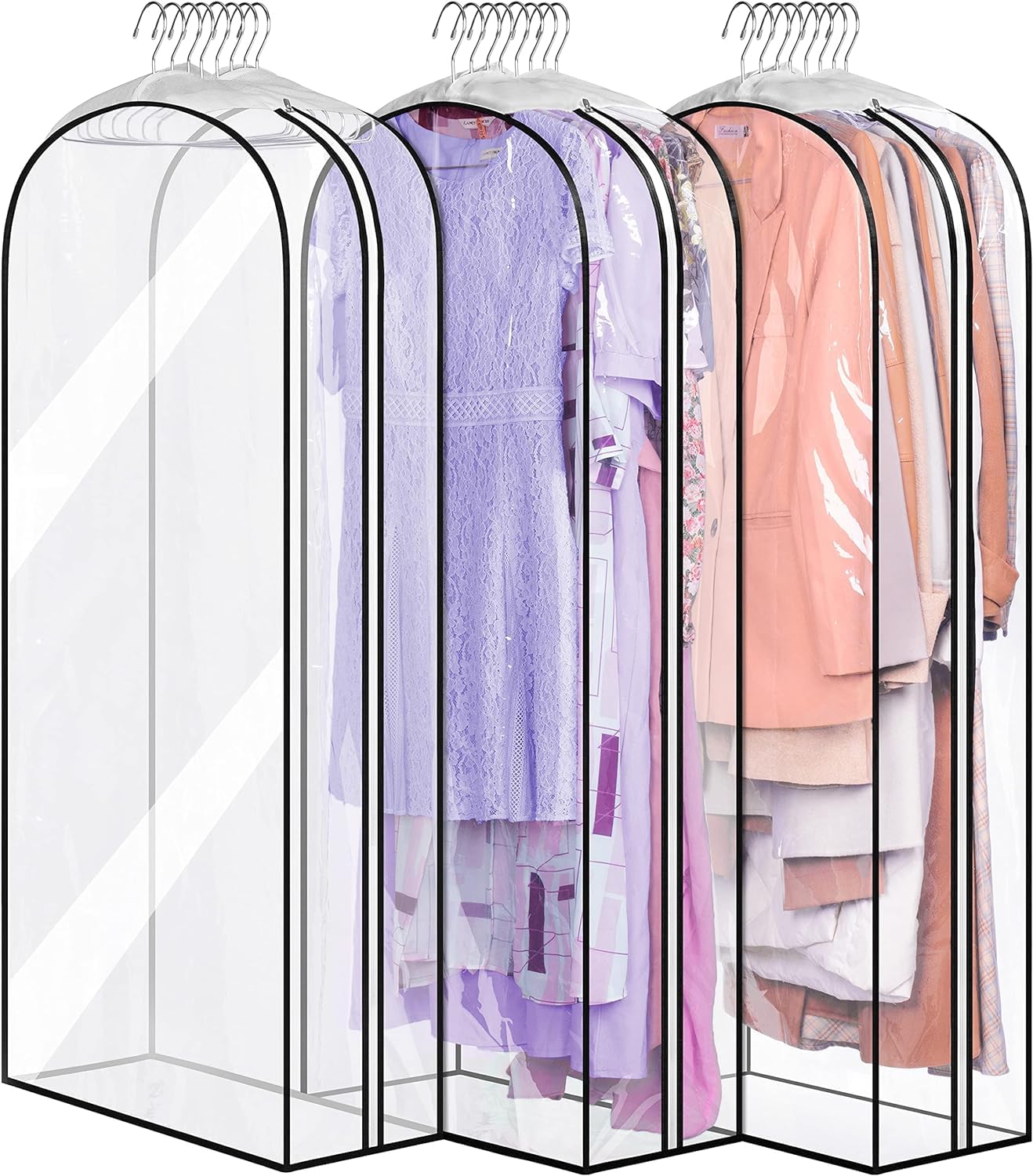 MISSLO 25cm Gusseted Clear Clothes Covers 60 x 127cm Suit Covers Bags Dustproof Dress Garment Bags Hanging Storage Protectors for Coats, Gowns, 3 Packs