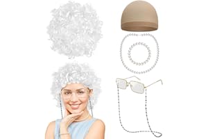 Huskein 100 Days of School Costume, White Curly Wig Glasses Wig Cap Pearl Necklace Bracelet Accessories for Old Lady Costume