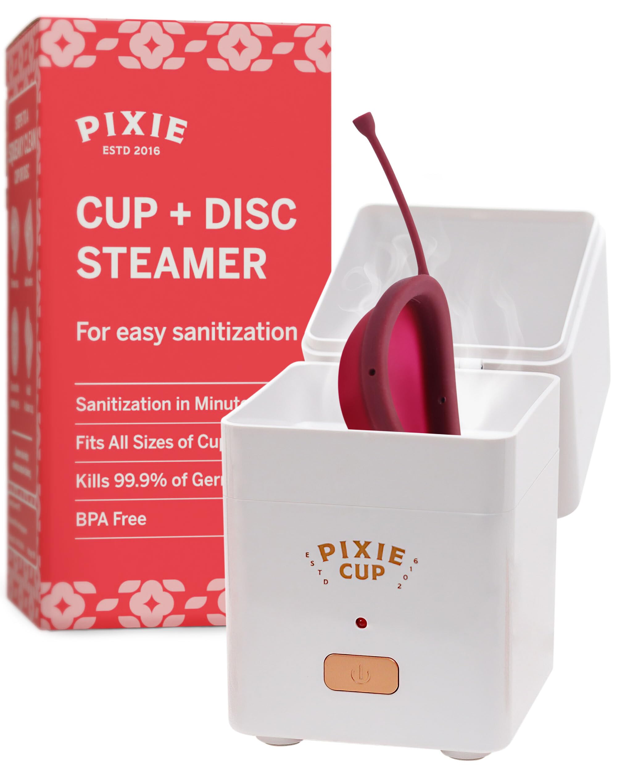 Pixie Menstrual Cup Steam Cleaner - Wash Your Cup + Kill 99.9% of Germs with Cleanser Steam for Feminine Care - 3 Minutes and Your Period Cup is Sterile! Automatic Timing Shut Off Switch (White)