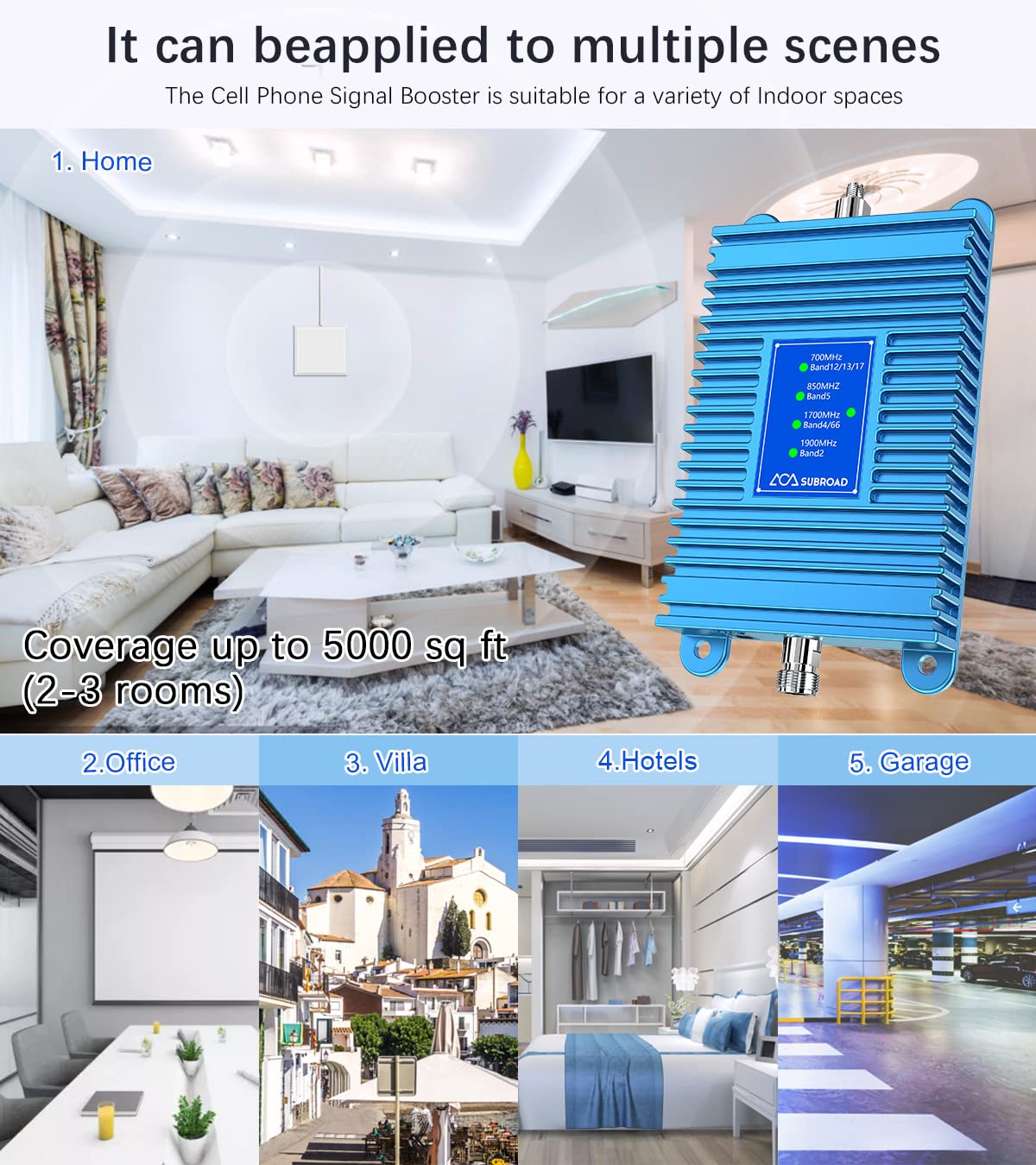 Subraod Cell Phone Signal Booster for Home 5,000 sq ft with Outdoor/Indoor Antennas Extend Phone Battery Life Cell Phone Booster Boosts 5G 4G LTE 3G for Verizon AT&T and All US Carriers,FCC Approved