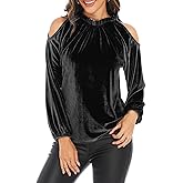 Womens Velvet Tops Fall Winter Sexy Elegant Cold Shoulder Long Sleeve Frill Trim Mock Neck Holiday Christmas Shirts Blouse